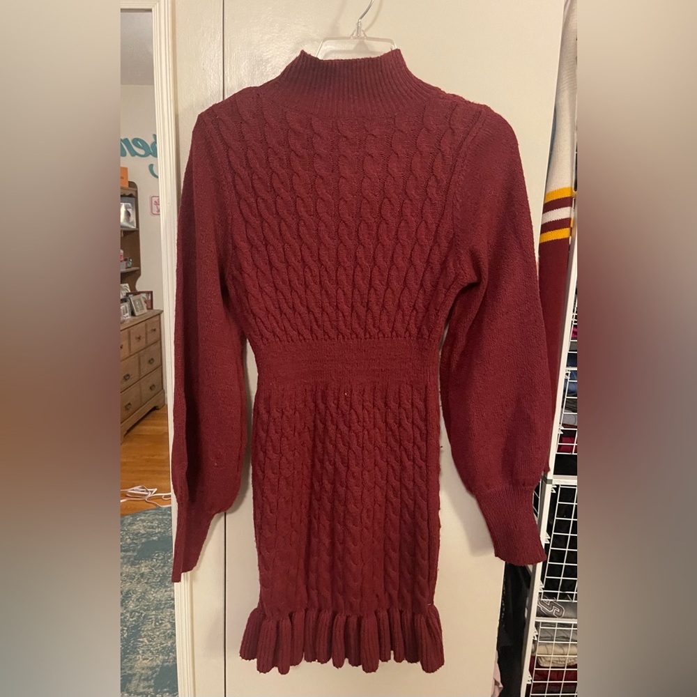 SHEIN burgundy cable knit lantern sleeve ruffle hem sweater dress